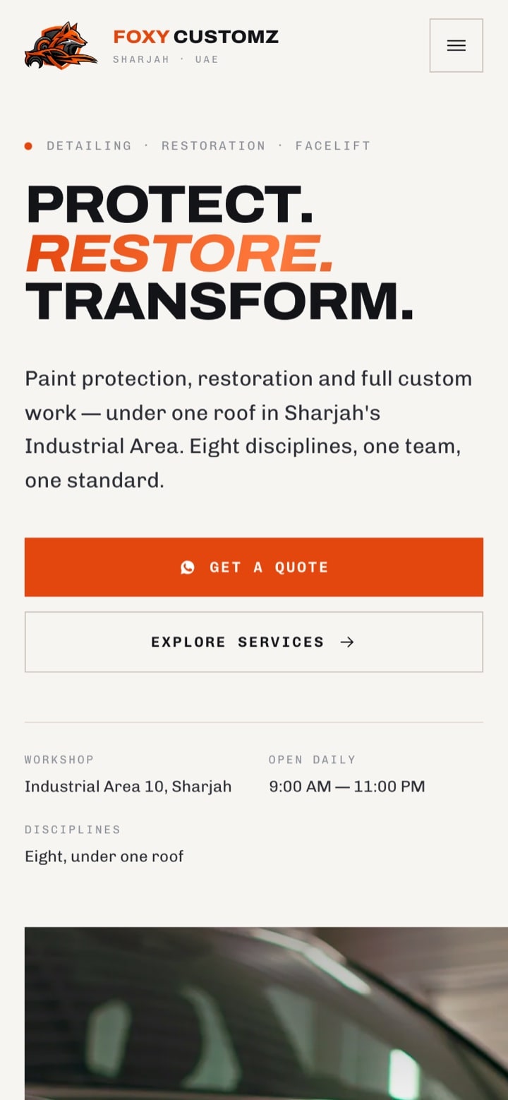 Foxy Customz — Auto Detailing & Restoration website designed and built by Nexus Digital